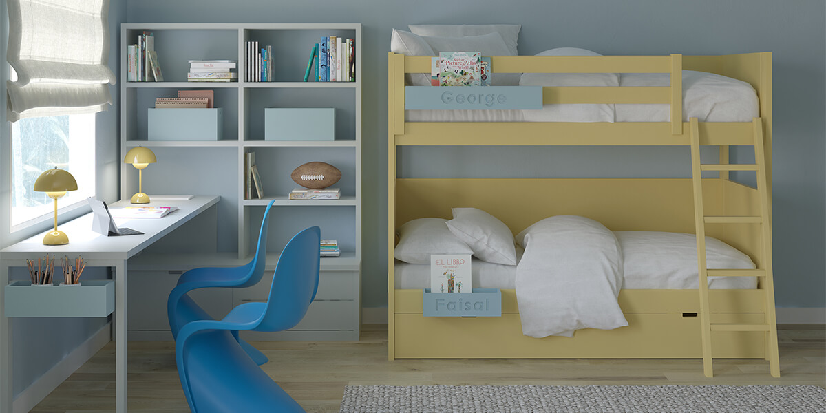 Muba - Asoral - Bunk bed with trundle bed in Lemon Pie. Hanging boxes in Ocean color. Bespoke work space in Cloud color with storage boxes in Caribe color. 
				