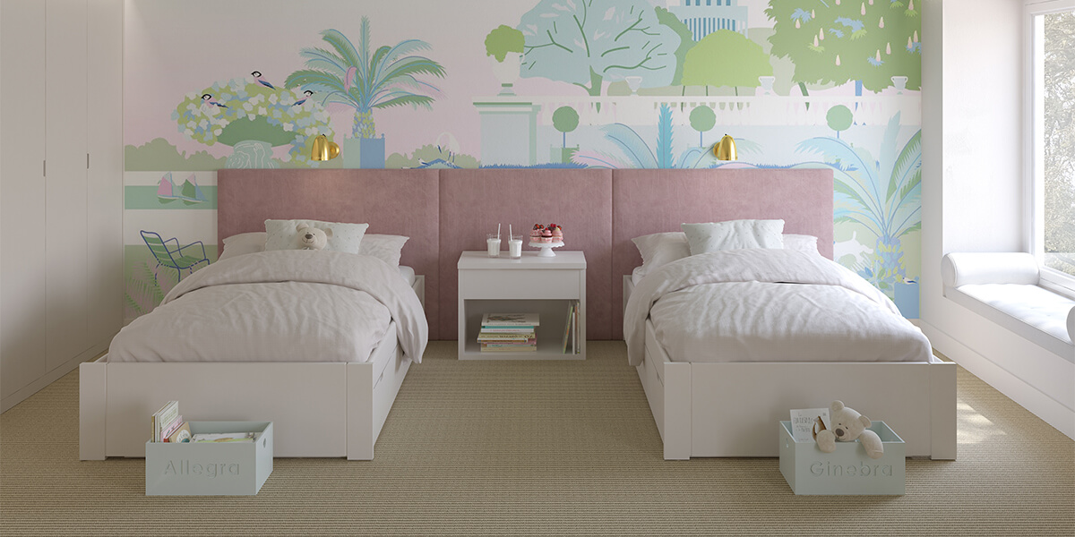 Muba - Asoral - Lits Tatami et table de chevet en coloris Sable, têtes de lit en tissu velours et boites de rangement en coloris Caribe.