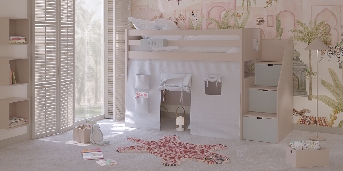 Muba - Asoral - Lit mezzanine avec escaliers en coloris Coraki. Caissons des marches et boite suspendu en coloris Cloud.