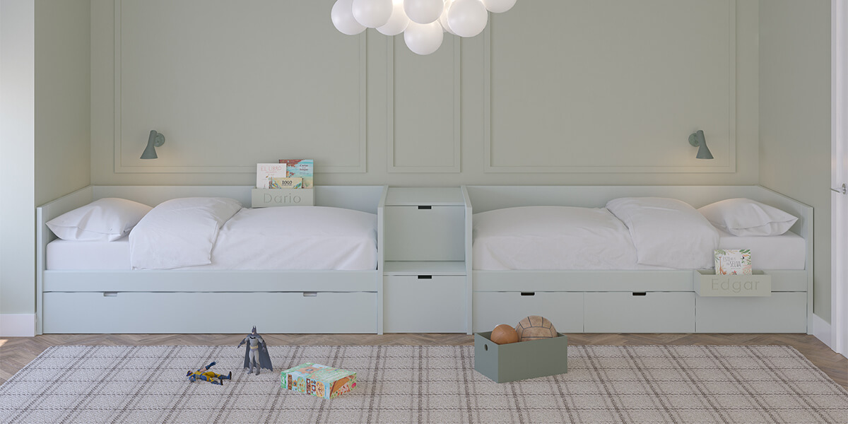 Muba - Asoral - Nido single beds with trundle bed, storage drawers and storage steps in Caribe color. Hanging boxes in Palm color. Storage box in Moss color.
				