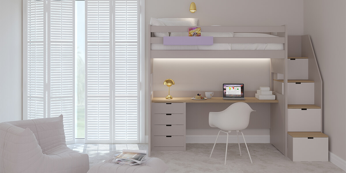 Muba - Asoral - Lit All-in-One XL en coloris Sable avec tablette de bureau et dessus des marches en Chêne Pancake. Boite suspendue en coloris Lavanda. 
