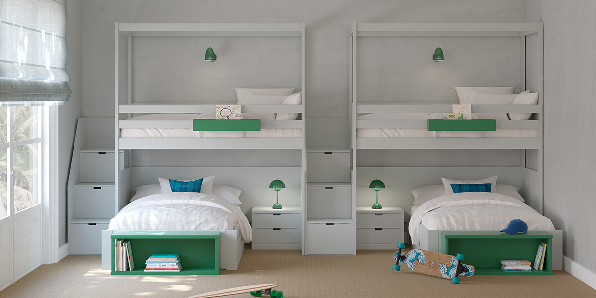 Muba - Asoral - Lits mezzanines avec escaliers de rangement et baldaquins en coloris Cloud. Lits simples Nido et chevets en coloris Cloud. Boites suspendues et bancs de rangement en coloris Seaweed. 
